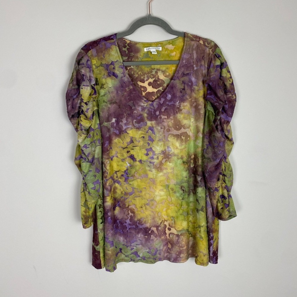 Cato Abstract Burnout Ruched Sleeve Top Women 18/20W Floral Moody Boho Ruched